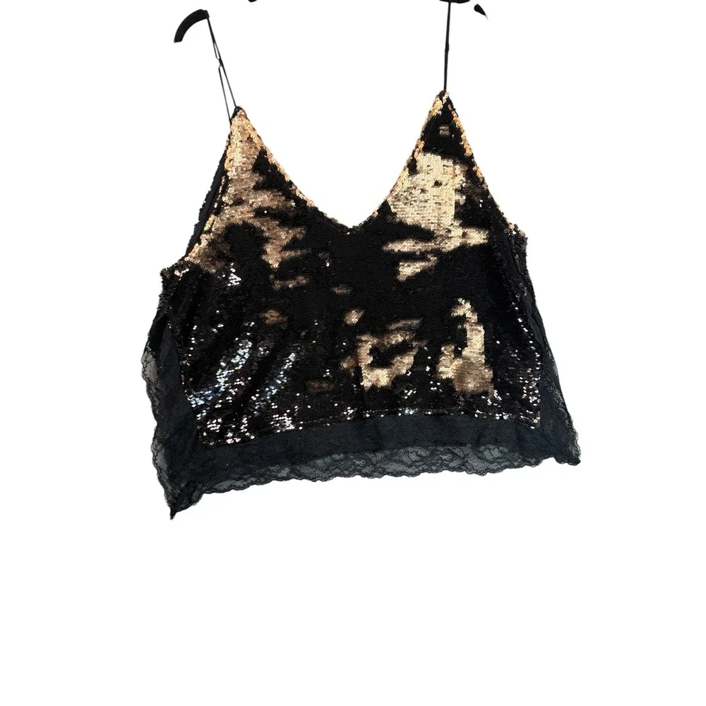Intimately Free People Sequin Lace Trim Camisole Top Black Gold Large V-Neck